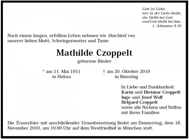 Binder Mathilda 1911-2010 Todesanzeige